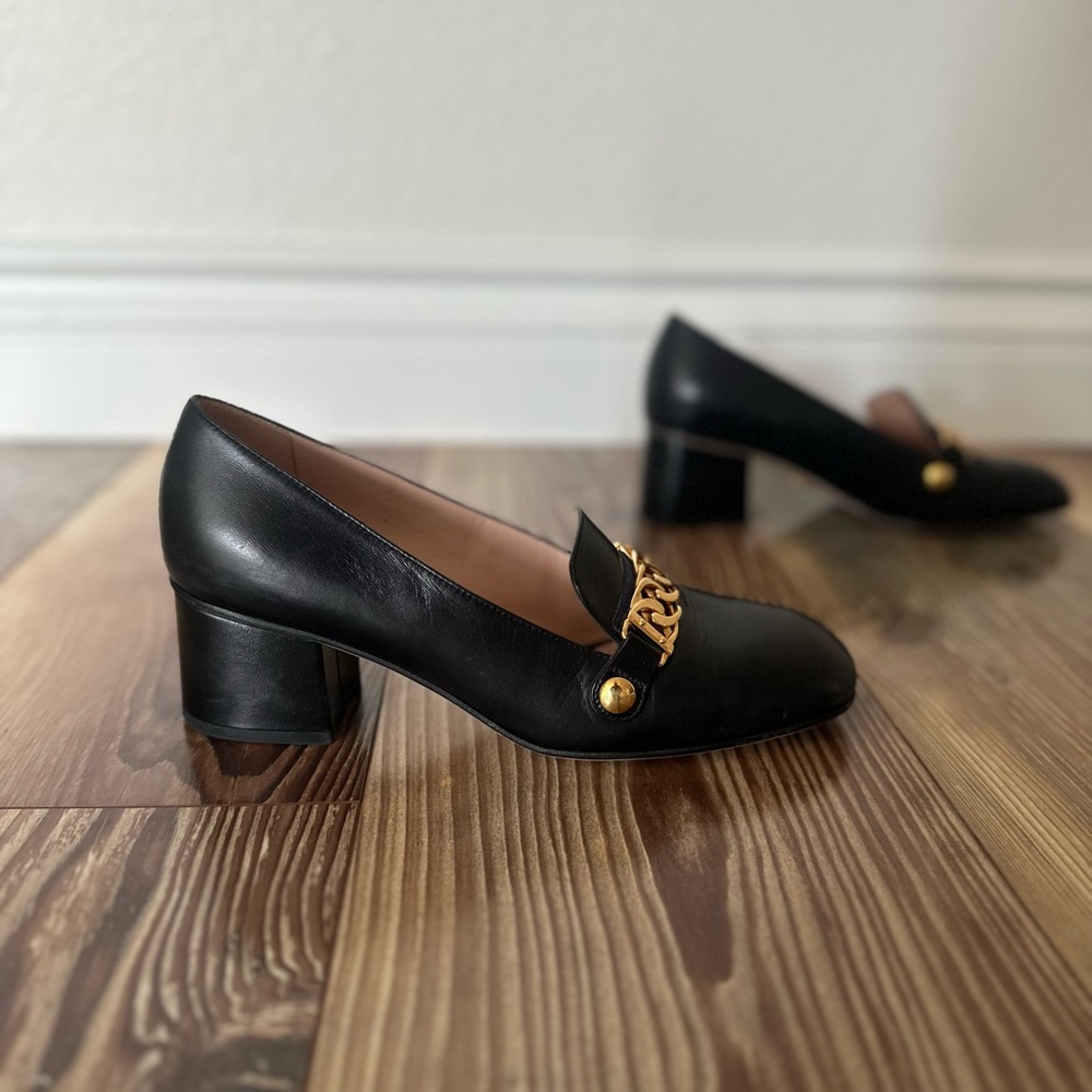 Gucci Sylvie Black Leather Chain Web Stripe Block Heel Pumps Shoes 37.5 - Picture 2 of 5